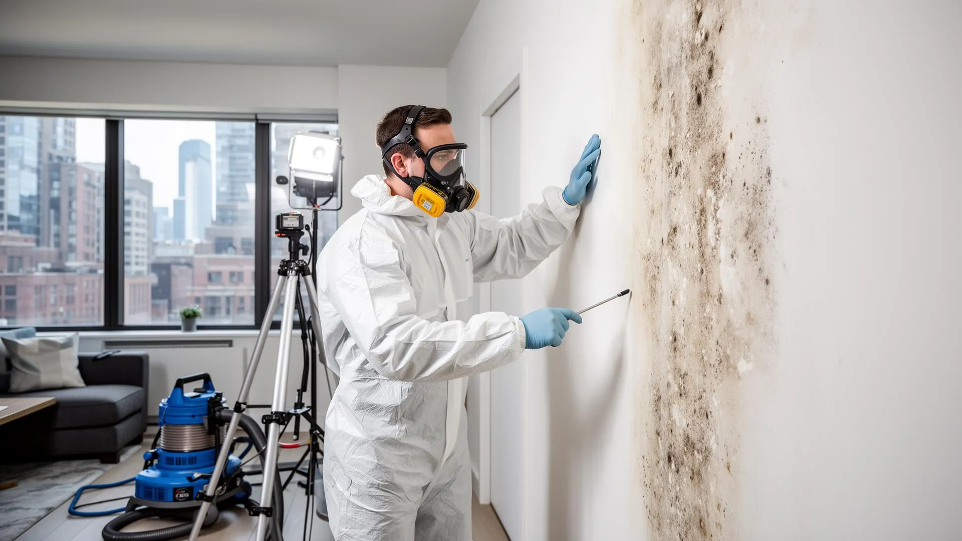Professional mold remediation technician inspecting a wall in a NYC apartment